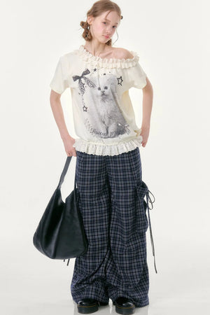 Dark Blue Plaid Wide-Leg Pants