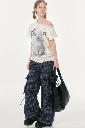 Dark Blue Plaid Wide-Leg Pants