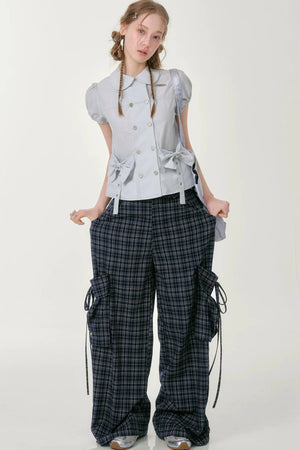 Dark Blue Plaid Wide-Leg Pants