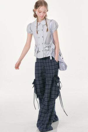 Dark Blue Plaid Wide-Leg Pants
