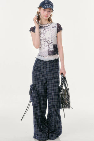 Dark Blue Plaid Wide-Leg Pants