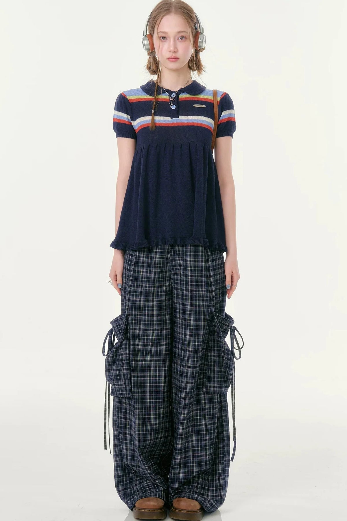 Dark Blue Plaid Wide-Leg Pants