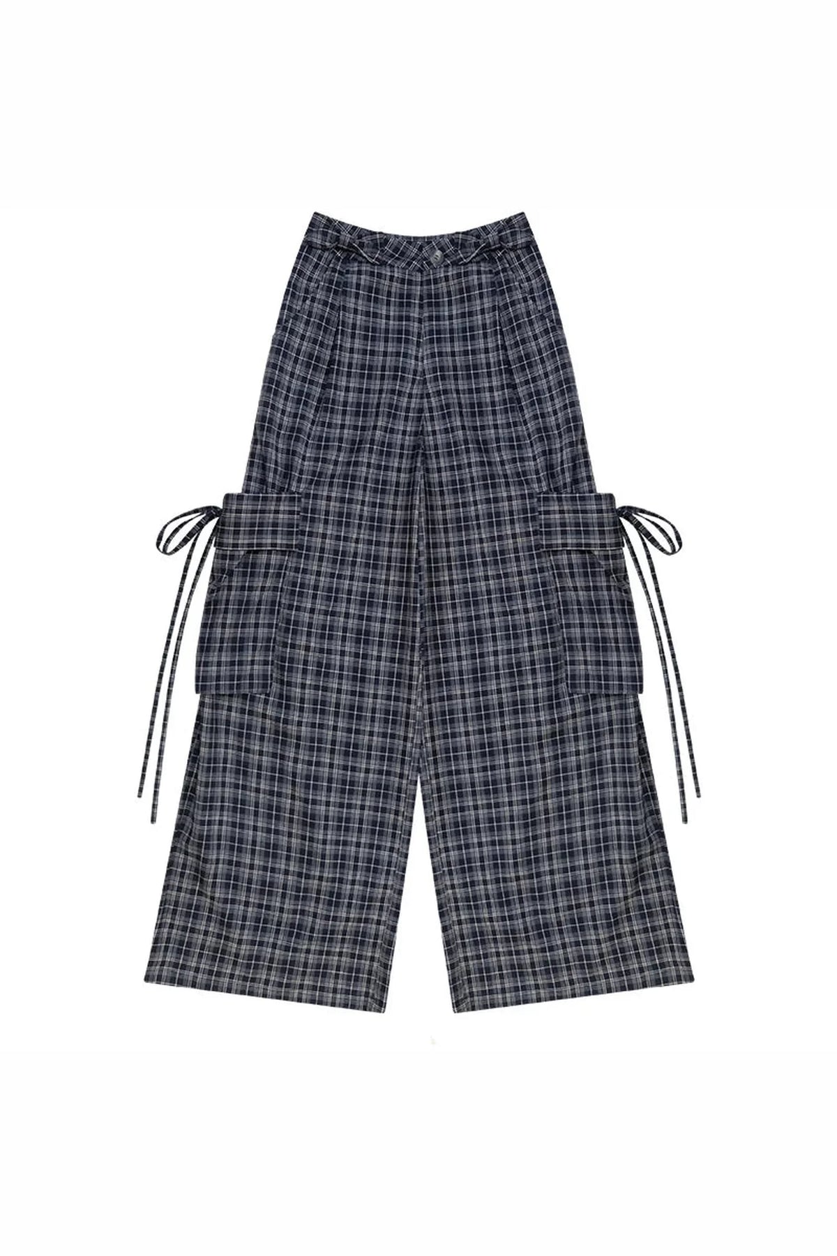 Dark Blue Plaid Wide-Leg Pants