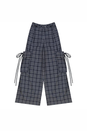 Dark Blue Plaid Wide-Leg Pants