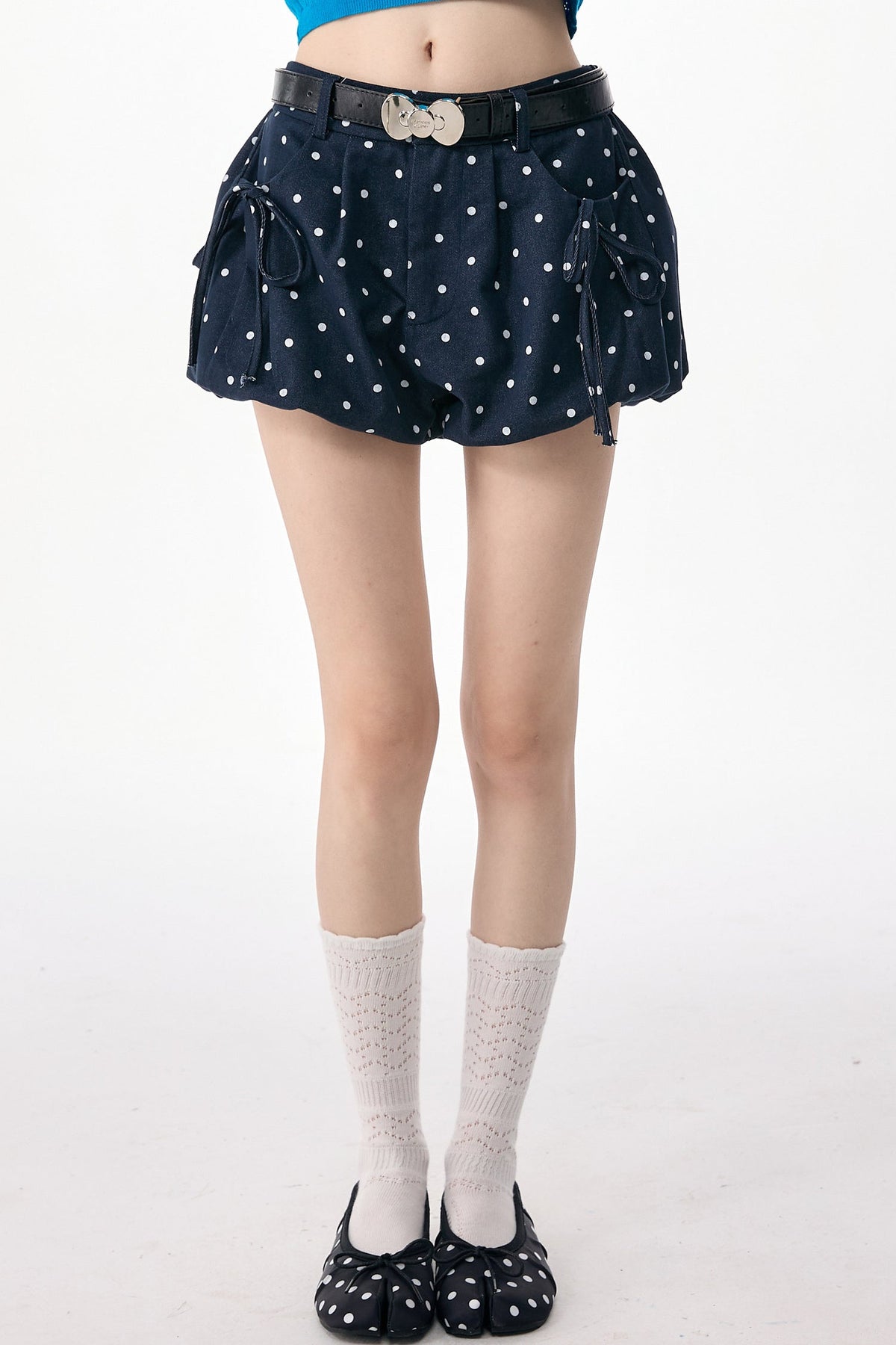 Dark Blue Polka Dot High Waist Shorts