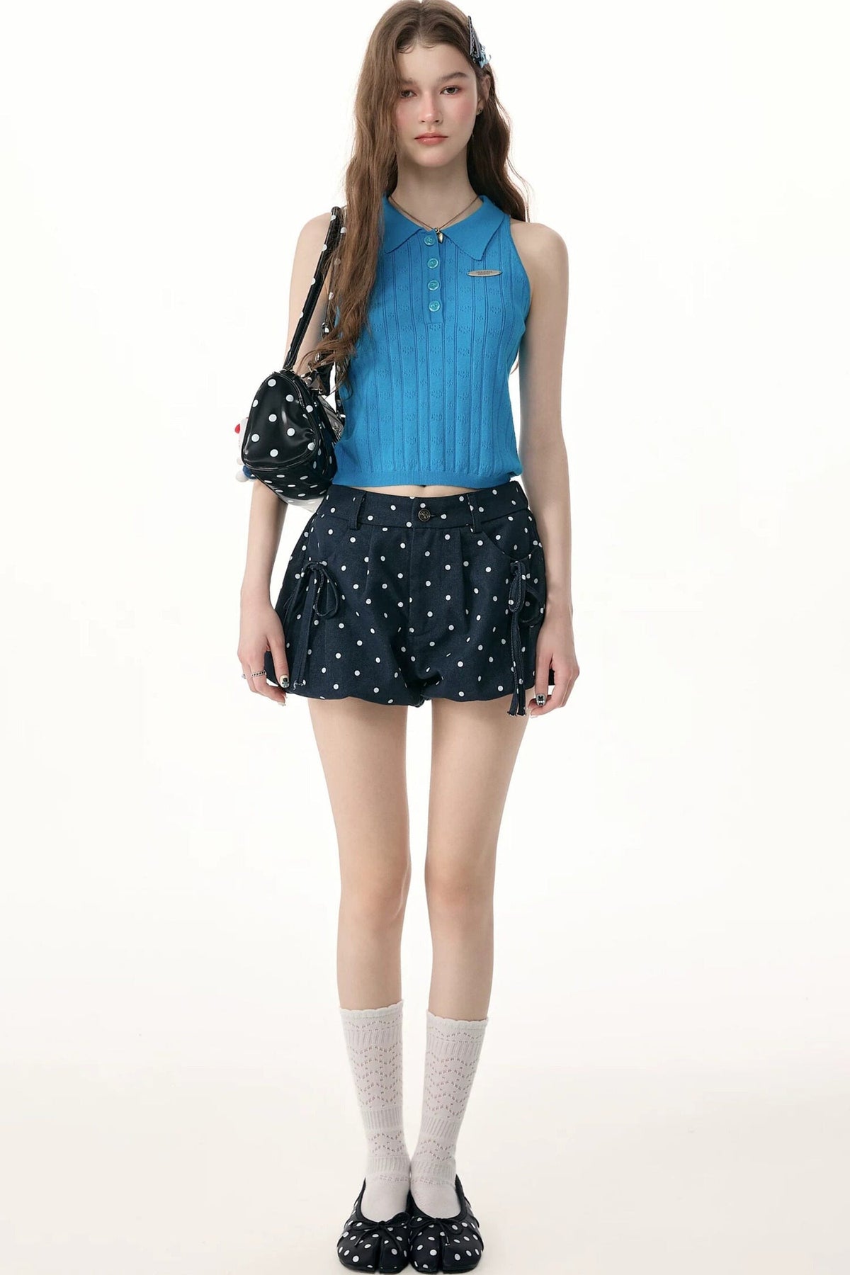 Dark Blue Polka Dot High Waist Shorts