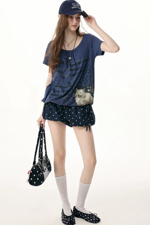 Dark Blue Polka Dot High Waist Shorts