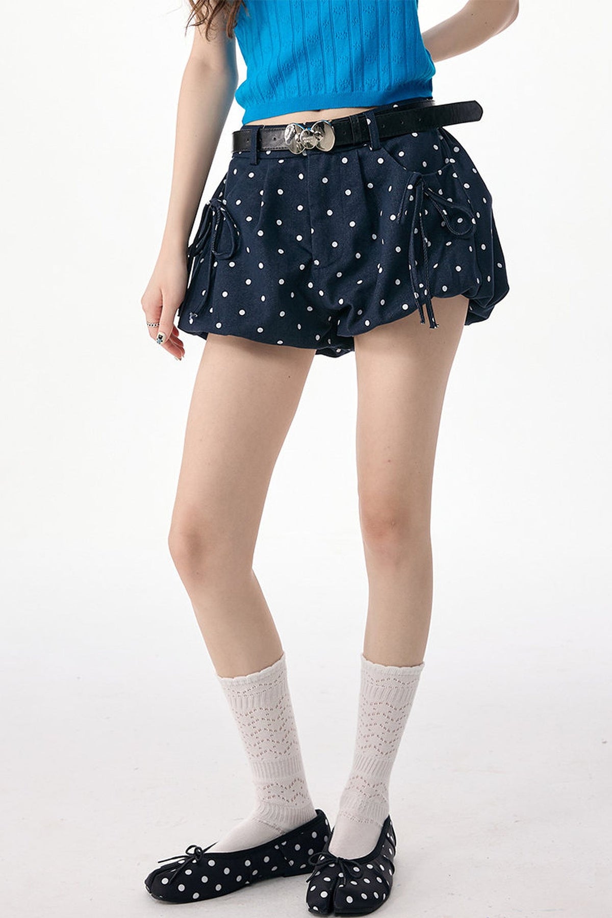 Dark Blue Polka Dot High Waist Shorts