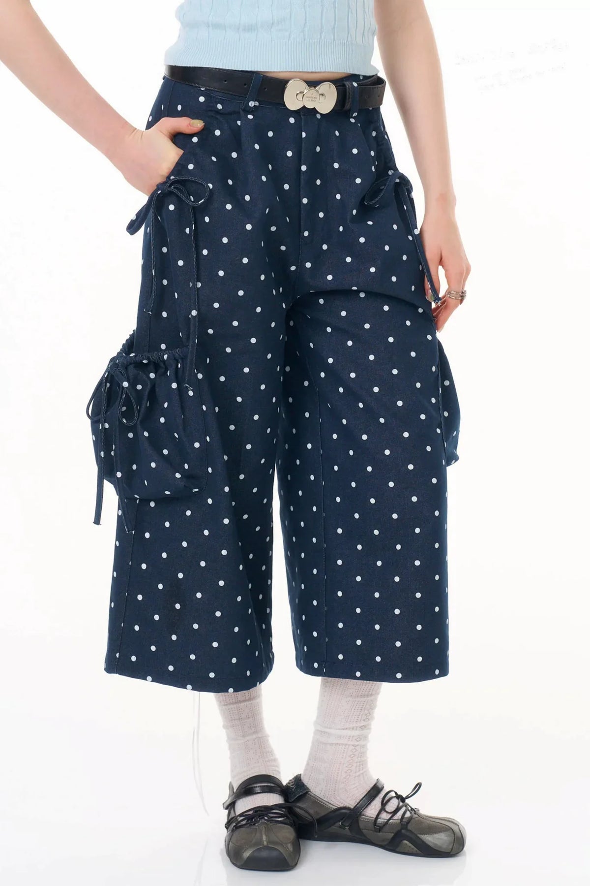 Dark Blue Polka Dot Wide-Leg Pants