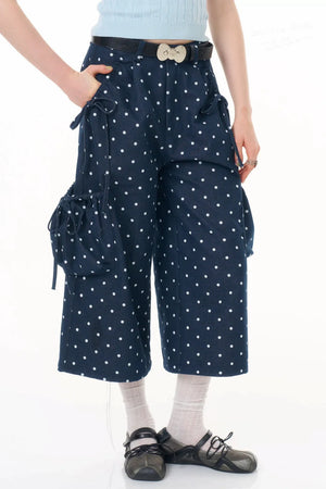 Dark Blue Polka Dot Wide-Leg Pants