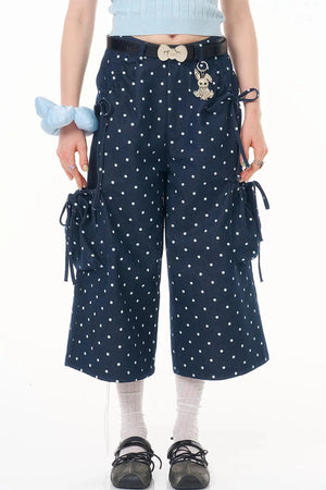 Dark Blue Polka Dot Wide-Leg Pants