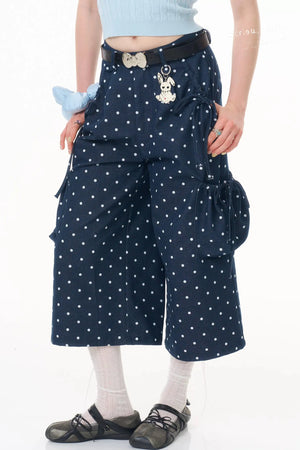 Dark Blue Polka Dot Wide-Leg Pants