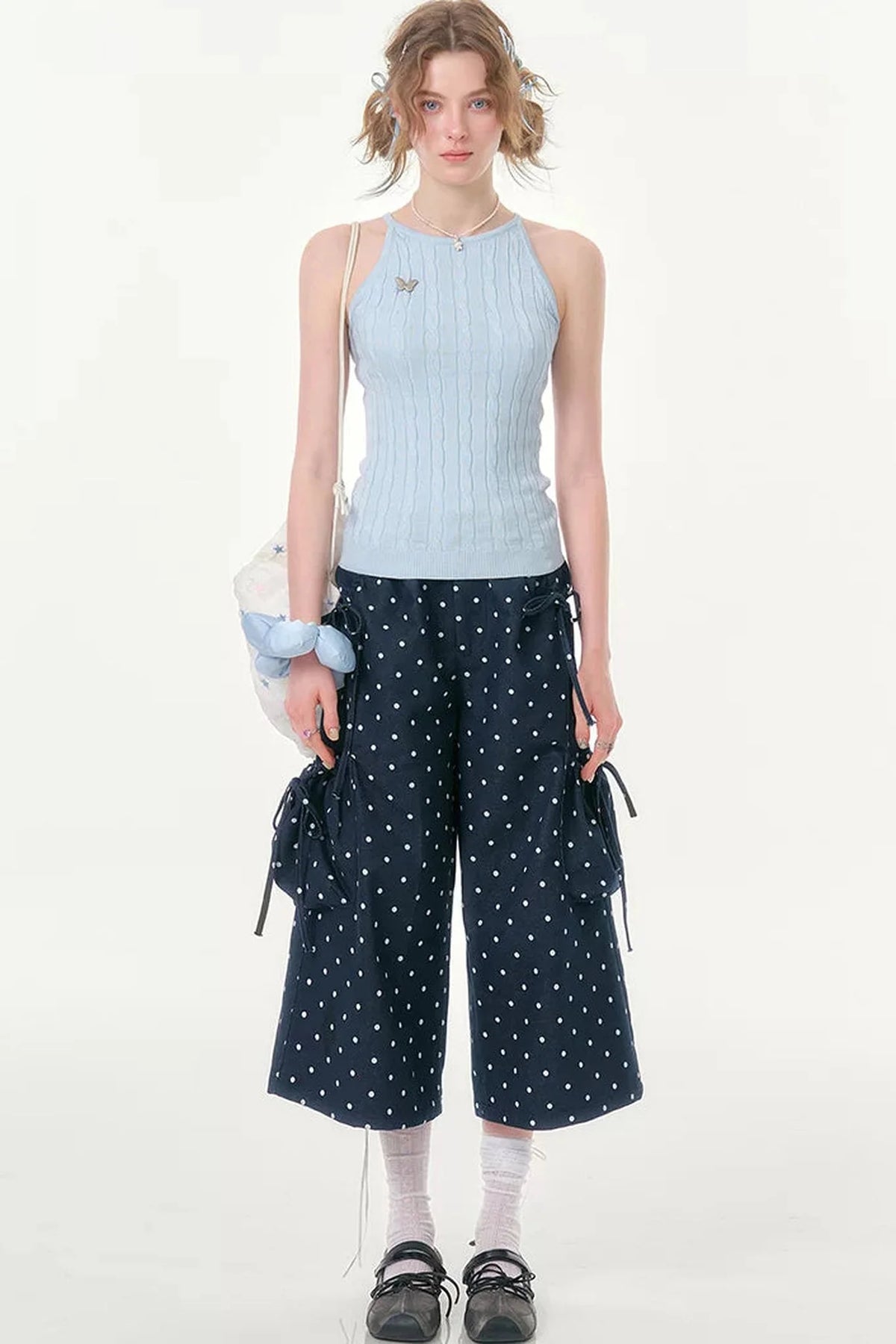 Dark Blue Polka Dot Wide-Leg Pants