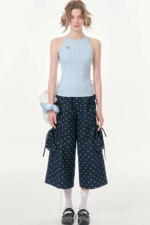 Dark Blue Polka Dot Wide-Leg Pants