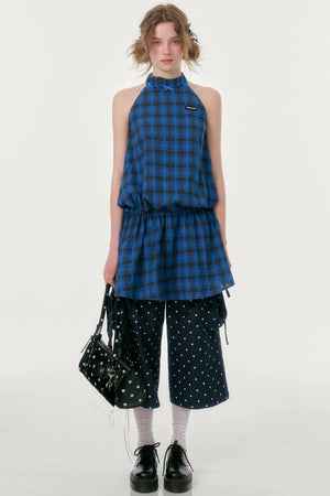 Dark Blue Polka Dot Wide-Leg Pants