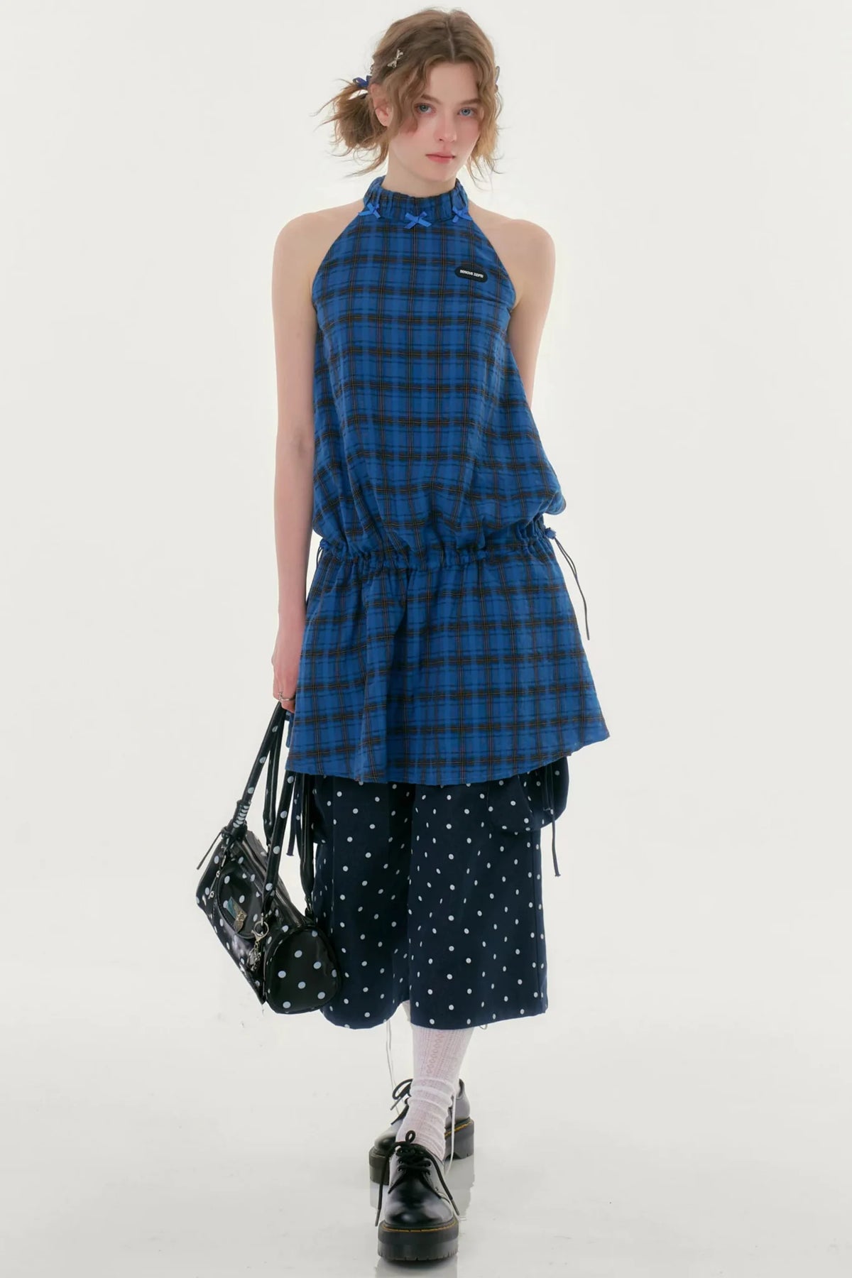 Dark Blue Polka Dot Wide-Leg Pants