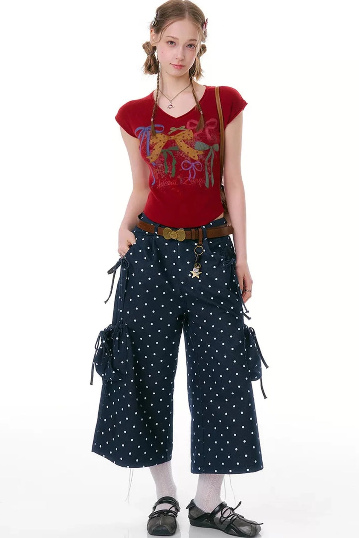 Dark Blue Polka Dot Wide-Leg Pants
