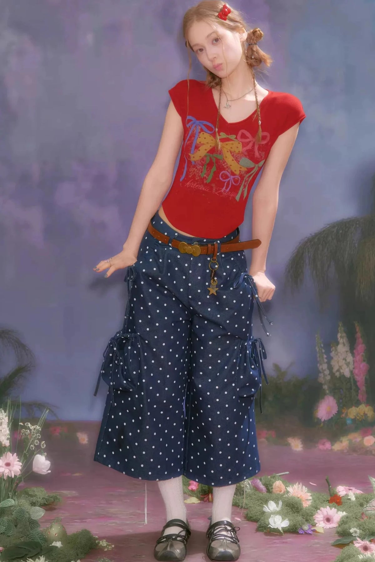 Dark Blue Polka Dot Wide-Leg Pants
