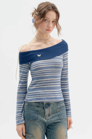 Dark Blue Stripe One-Shoulder Shirt