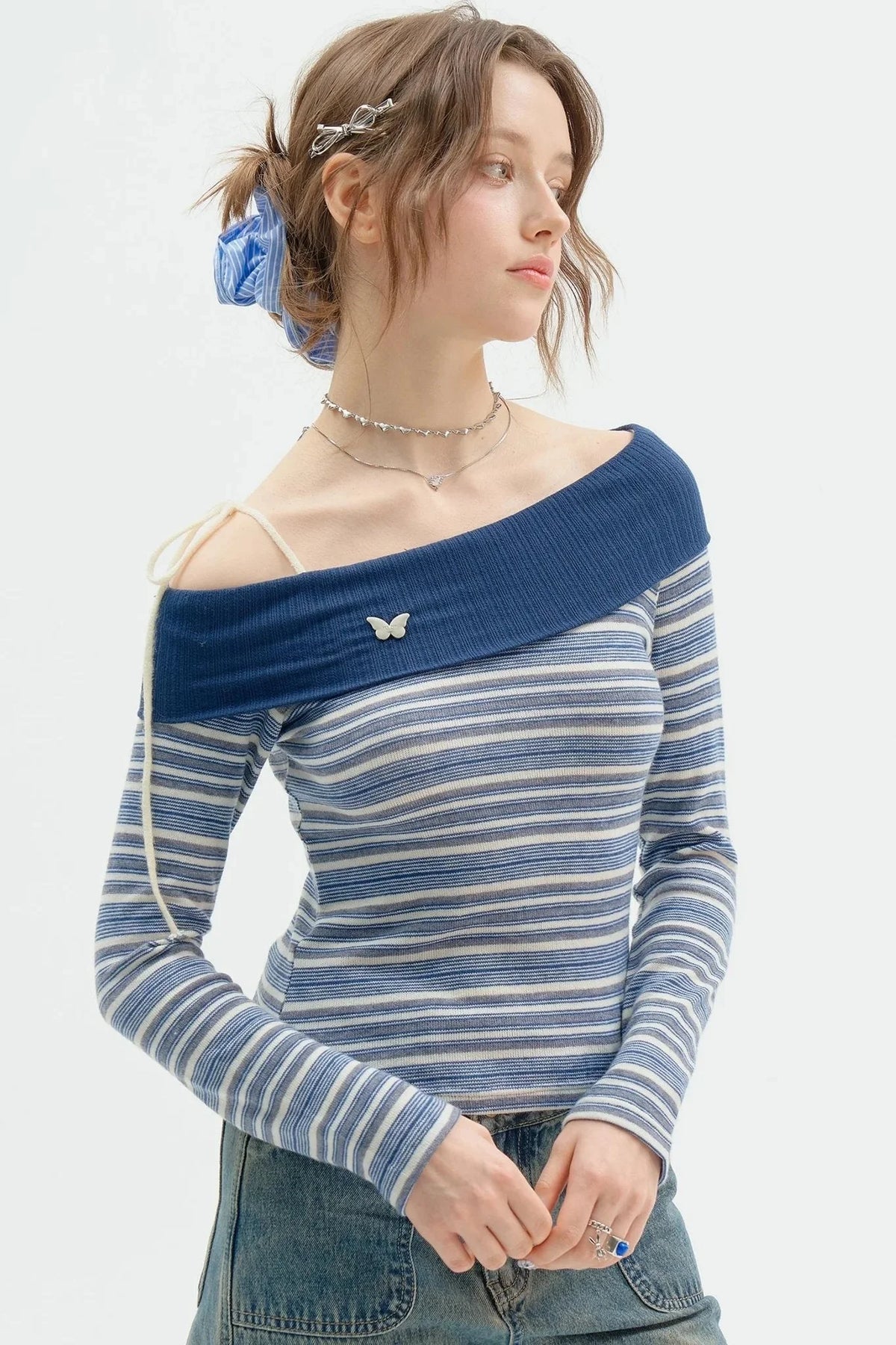 Dark Blue Stripe One-Shoulder Shirt