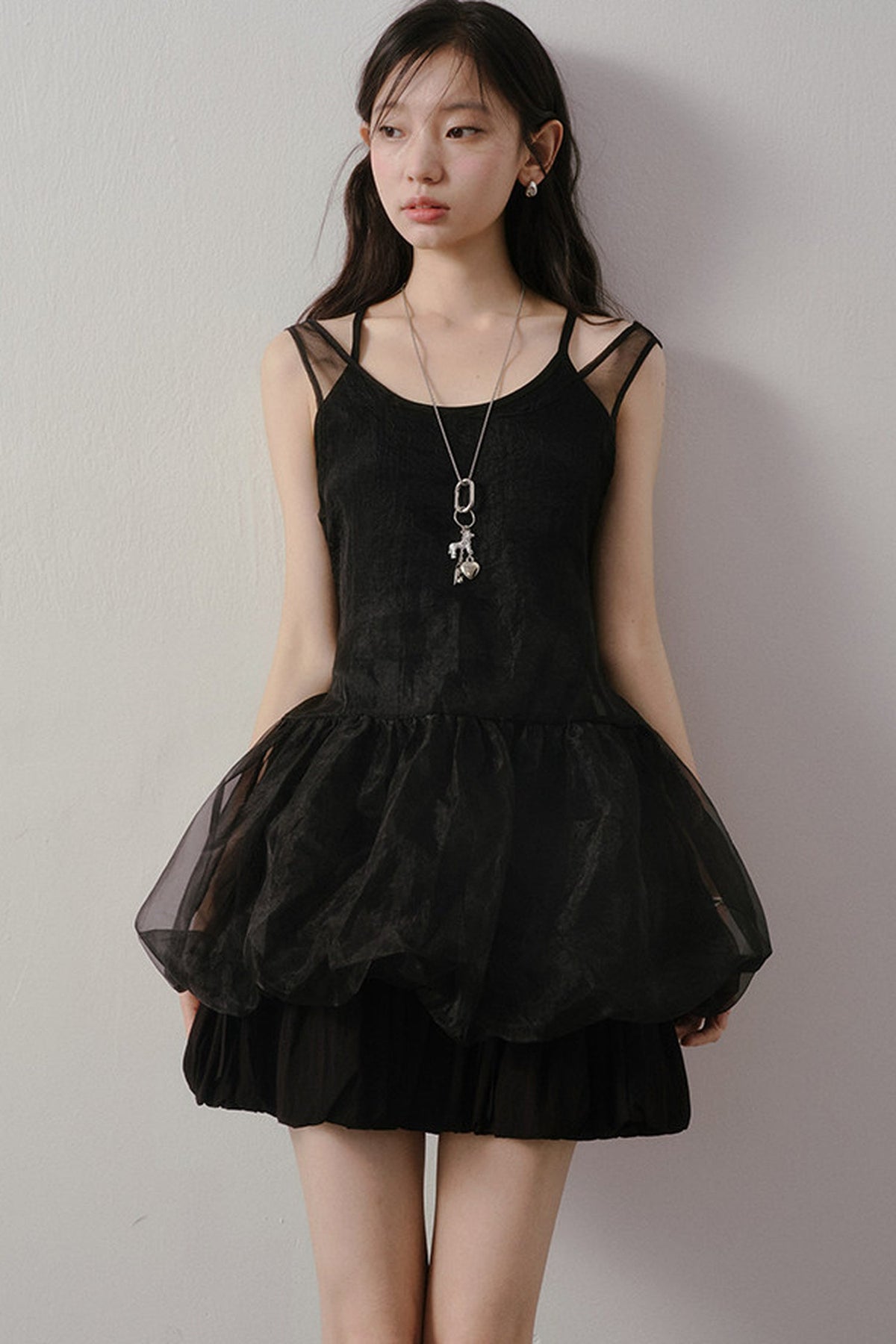 Dark Bow Mesh Blouse And Camisole Set