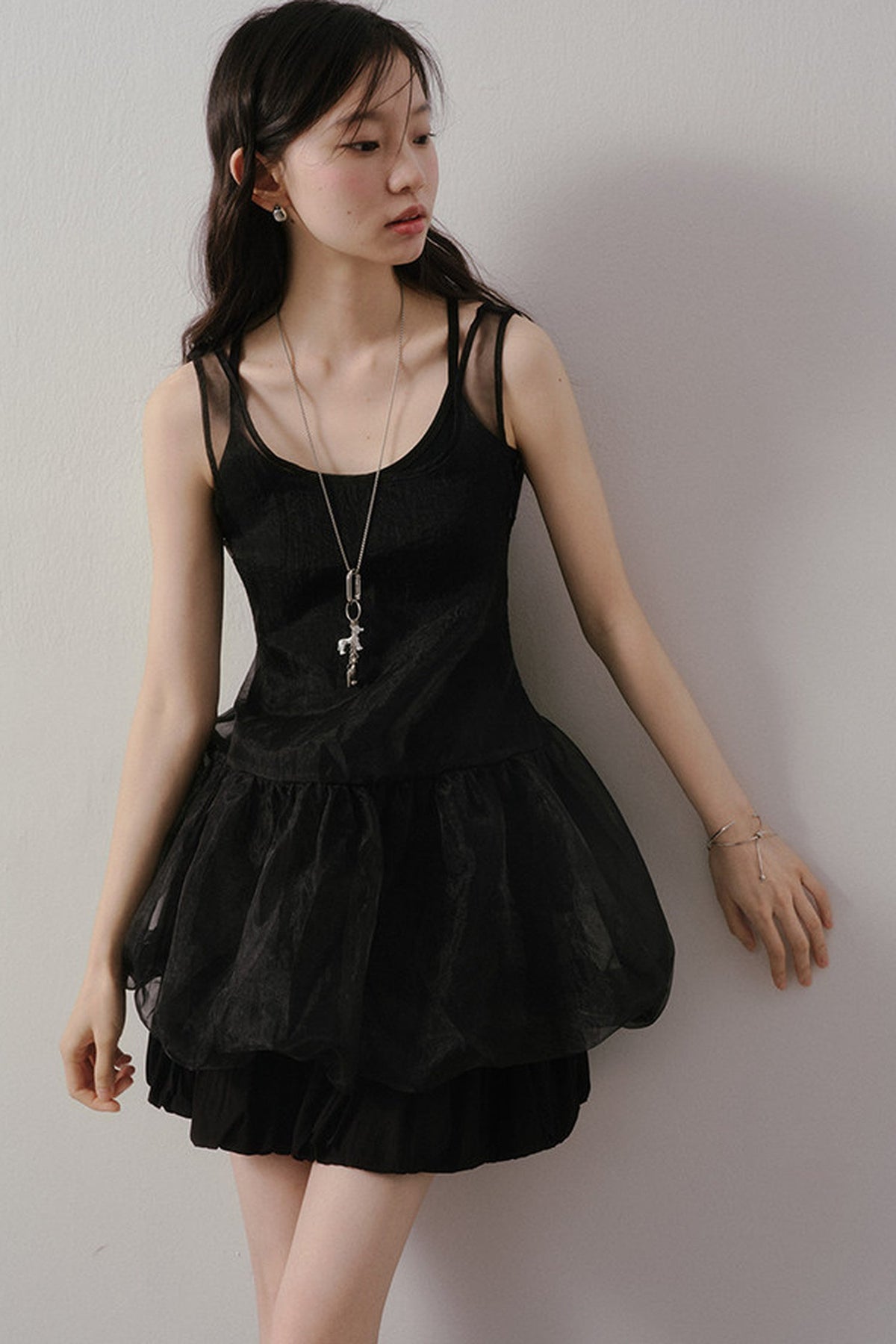 Dark Bow Mesh Blouse And Camisole Set