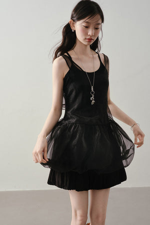 Dark Bow Mesh Blouse And Camisole Set