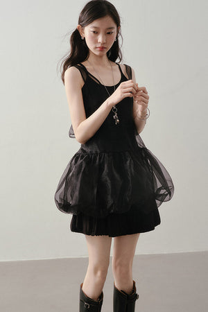 Dark Bow Mesh Blouse And Camisole Set