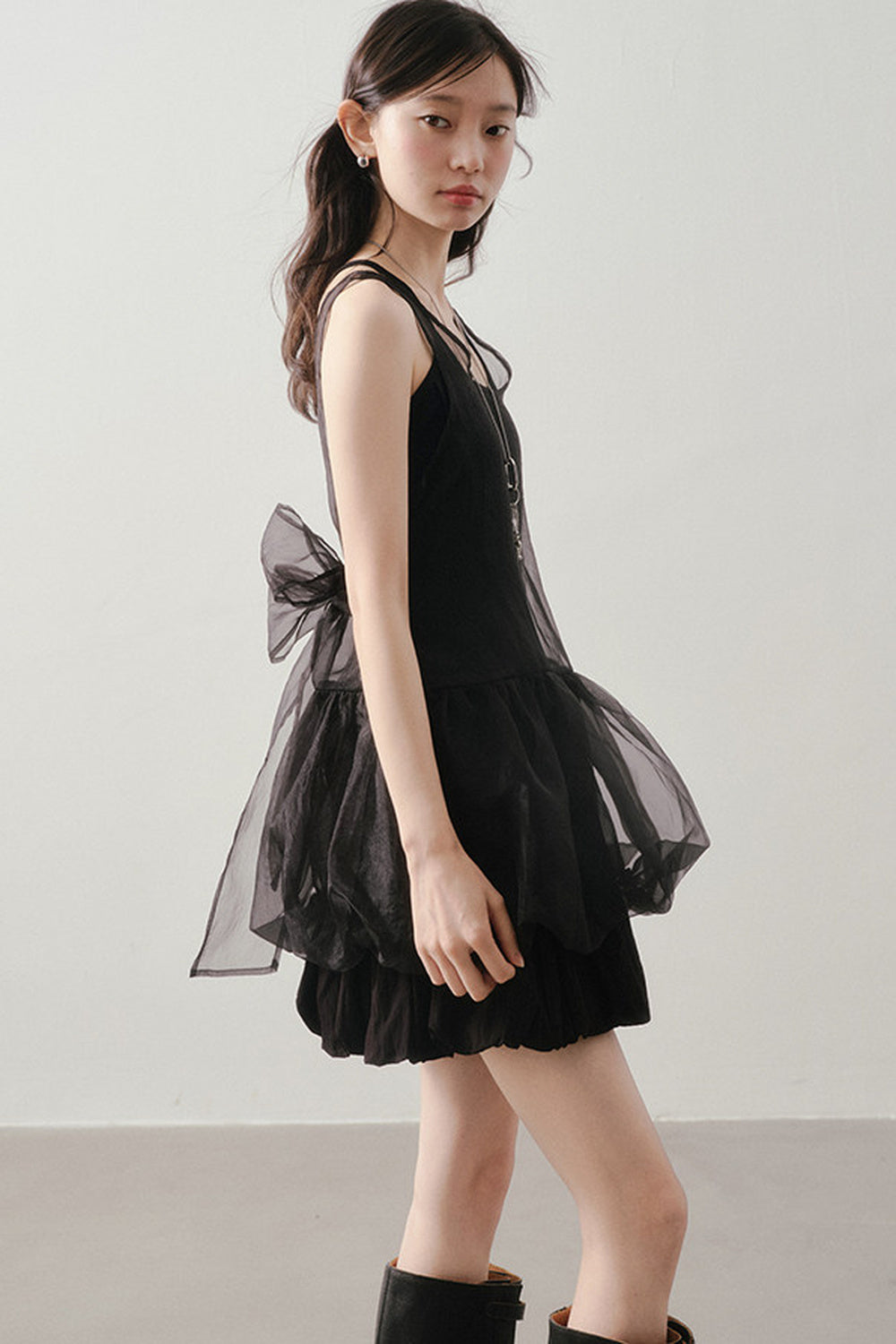 Dark Bow Mesh Blouse And Camisole Set