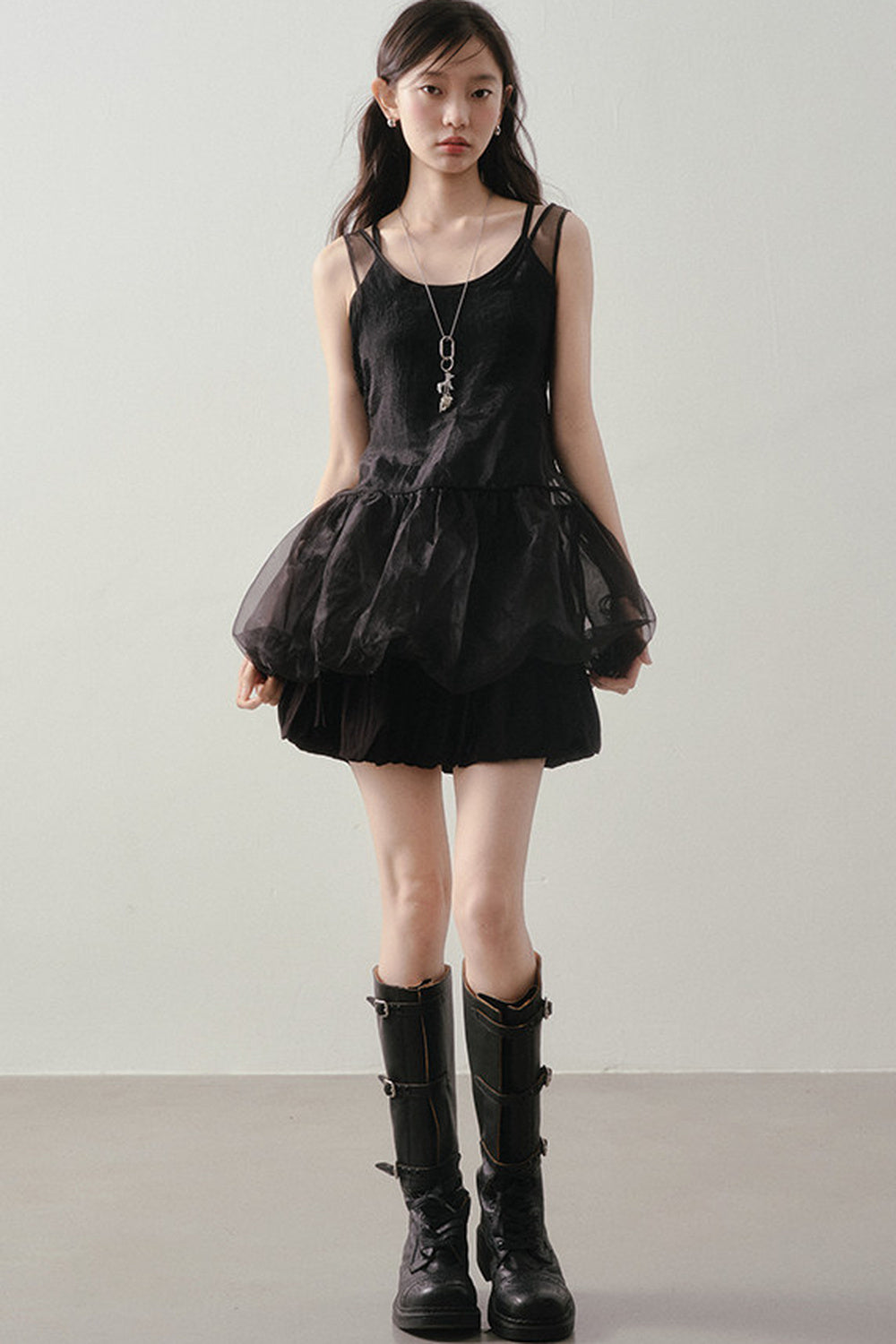Dark Bow Mesh Blouse And Camisole Set