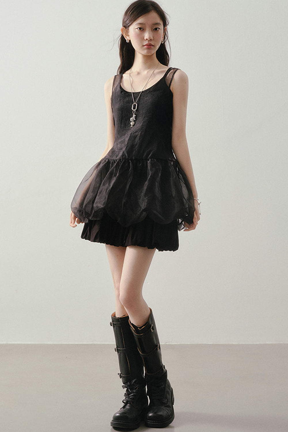 Dark Bow Mesh Blouse And Camisole Set