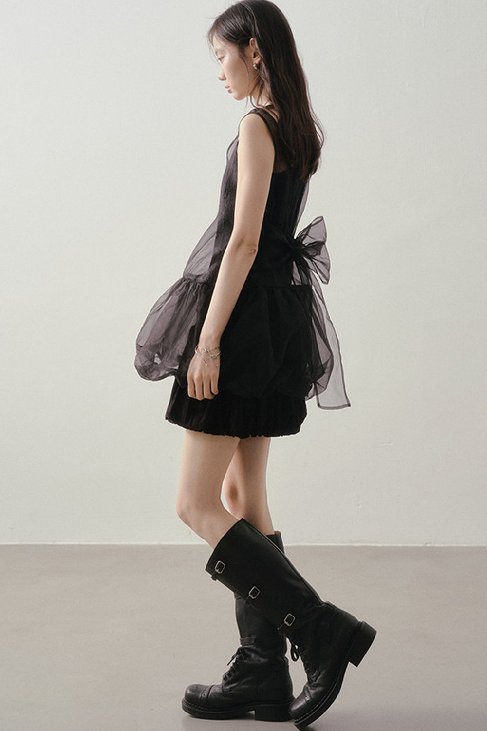 Dark Bow Mesh Blouse And Camisole Set
