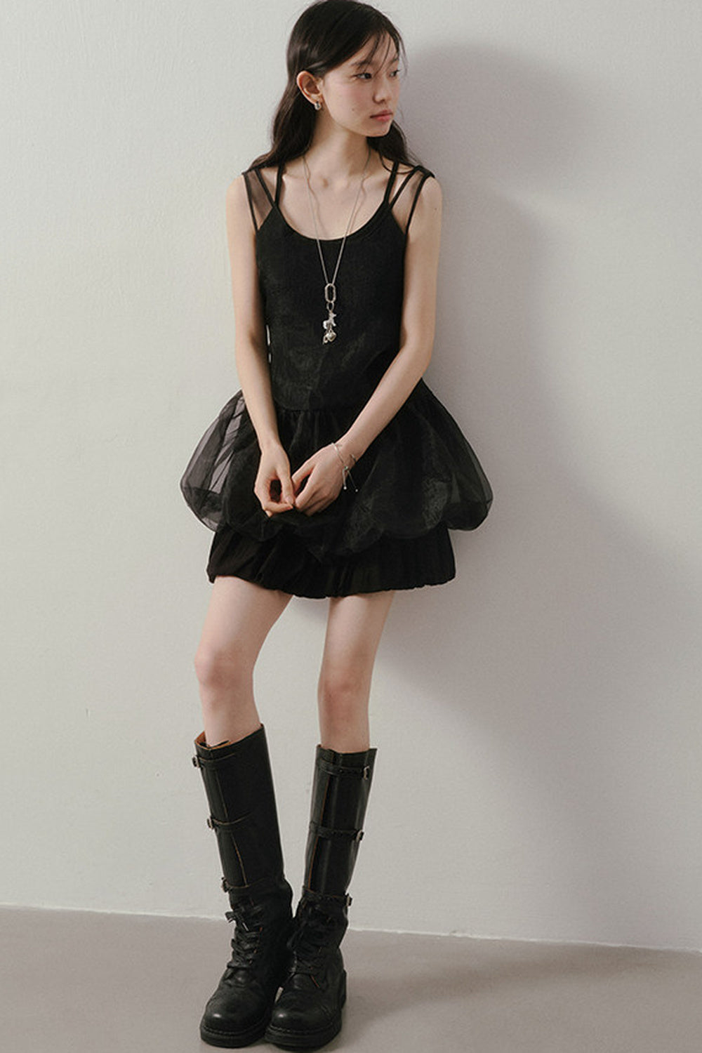 Dark Bow Mesh Blouse And Camisole Set