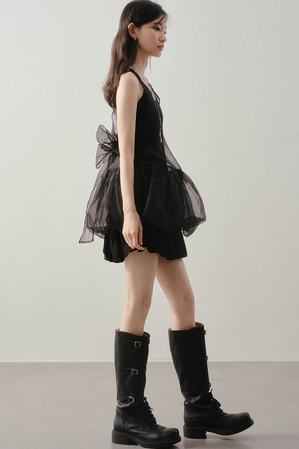 Dark Bow Mesh Blouse And Camisole Set