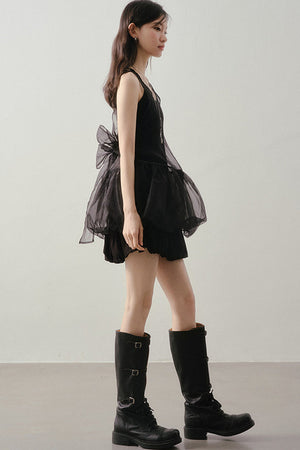 Dark Bow Mesh Blouse And Camisole Set