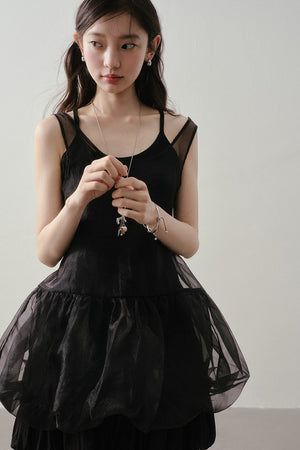 Dark Bow Mesh Blouse And Camisole Set