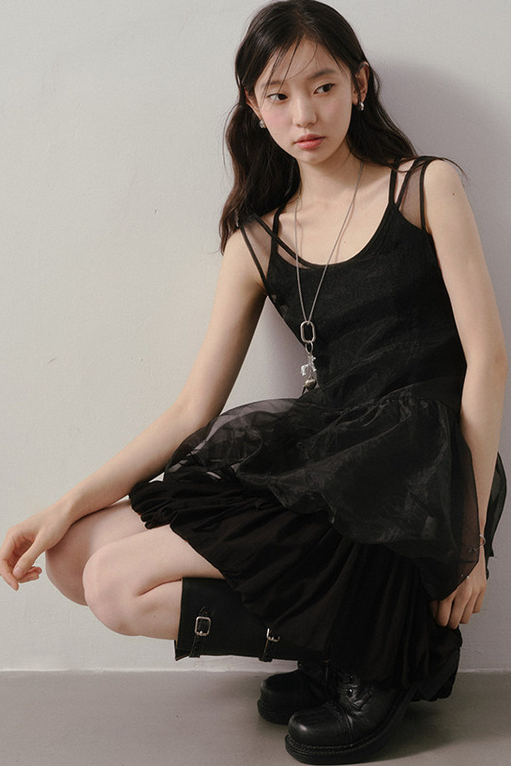 Dark Bow Mesh Blouse And Camisole Set