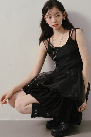 Dark Bow Mesh Blouse And Camisole Set