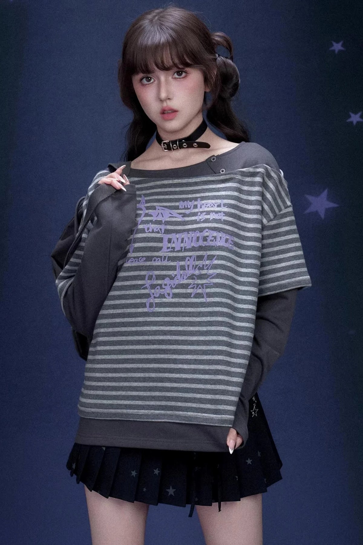 Dark Gray Striped Graffiti Print Top