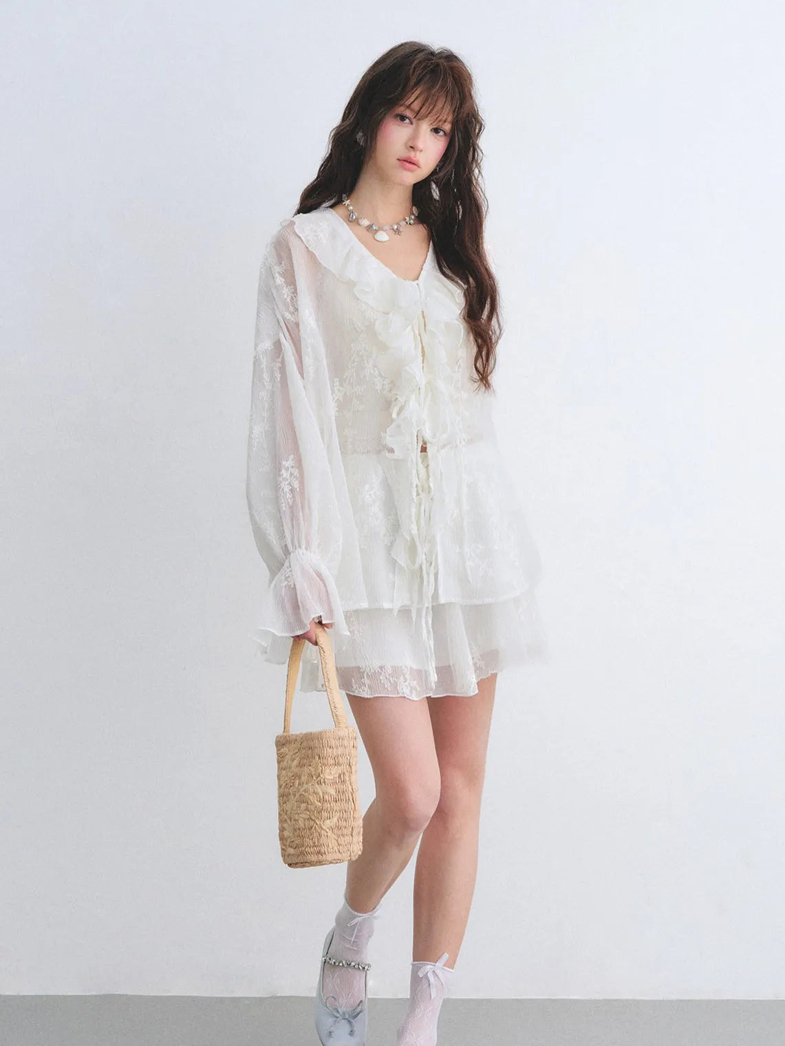 Embroidered Ruffle Chiffon Shirt & Tiered Skirt Set