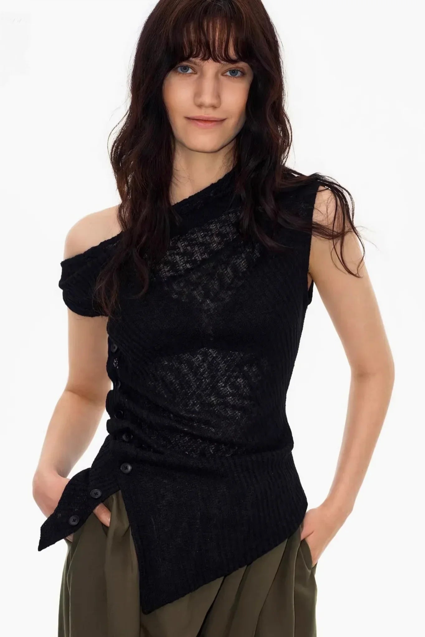 Deconstructed Knit One-Shoulder Vest