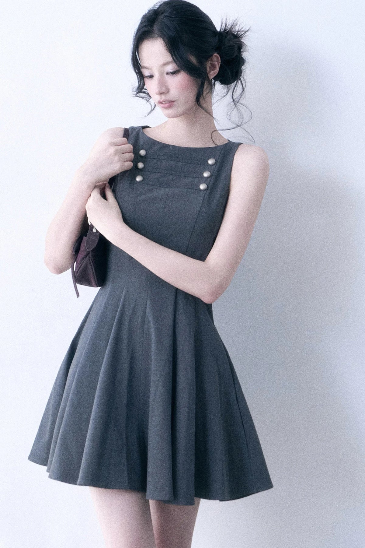 Decorative Button Sleeveless Flared Dress
