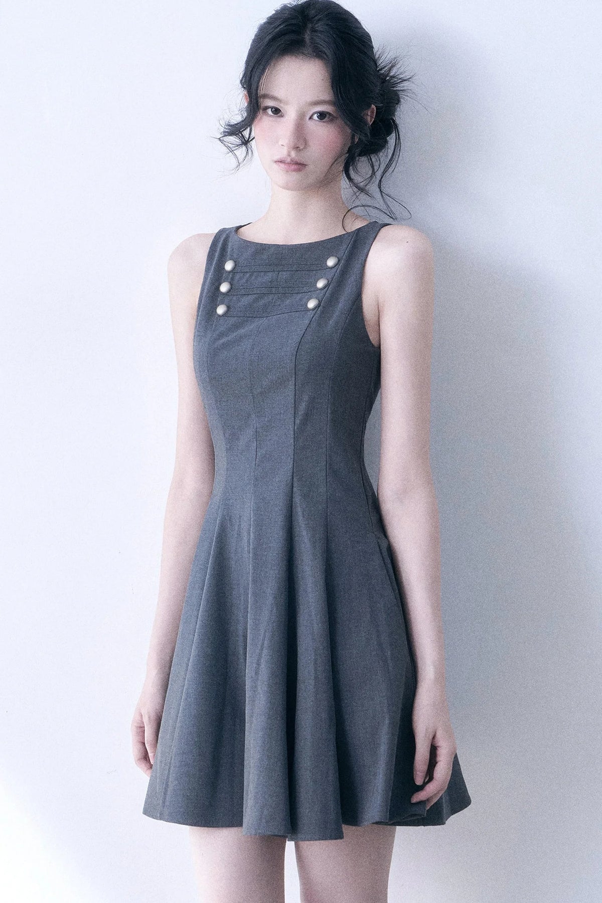 Decorative Button Sleeveless Flared Dress