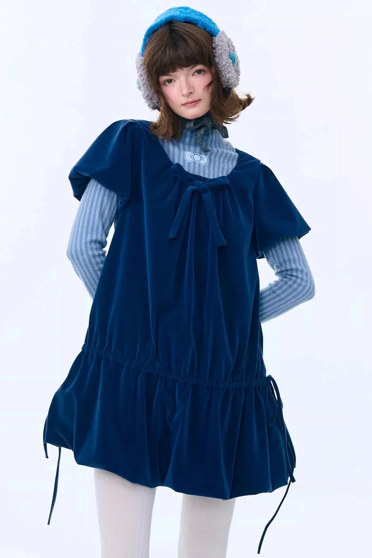 Deep Blue Velvet Bow Dress
