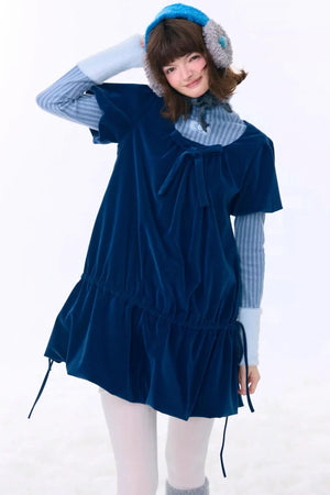 Deep Blue Velvet Bow Dress