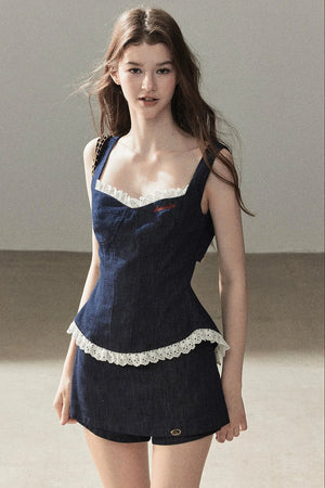 Deep Sea Denim Camisole And Shorts Set-Up