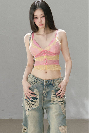 Deep V-Colorblock Lace Top