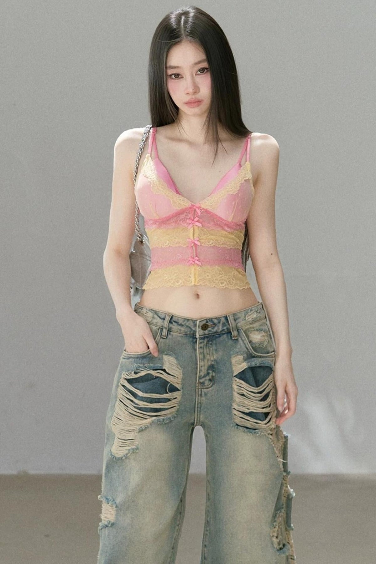 Deep V-Colorblock Lace Top