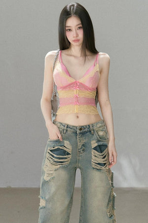 Deep V-Colorblock Lace Top