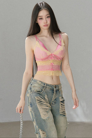 Deep V-Colorblock Lace Top
